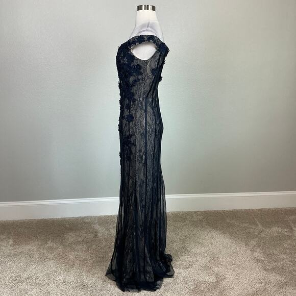 AQUA Off the Shoulder Sequined Floral Lace A-Line Evening Gown Blue Size 8 Dress - Picture 4 of 12